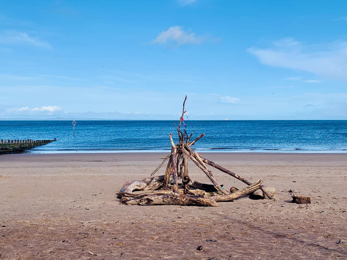 Sticks on Portobello beach with sand, sunshine and blue sky. 
